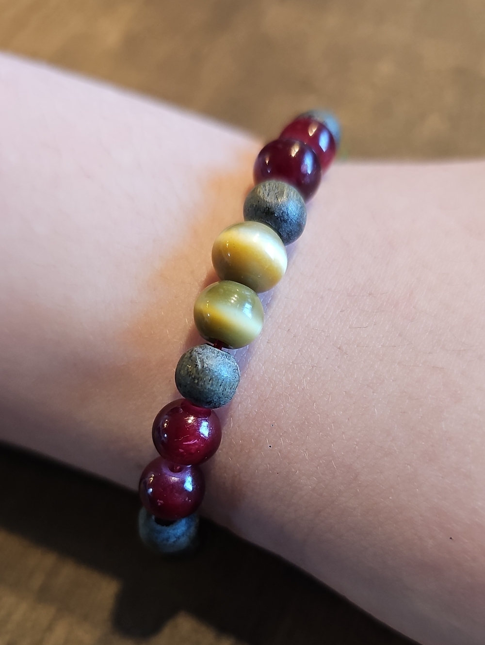 Beaded Stone Stretch Bracelet in Burgundy, Olive and Gray